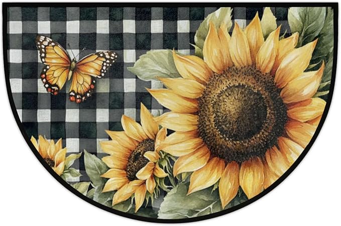 Half Round Door Mat, Butterfly Sunflowers Half Circle Rug for Home Decor Floor Indoor Outdoor Non-Slip Washable Floral Half Moon Rug Doormat 36X24 Inch - Bloomnest