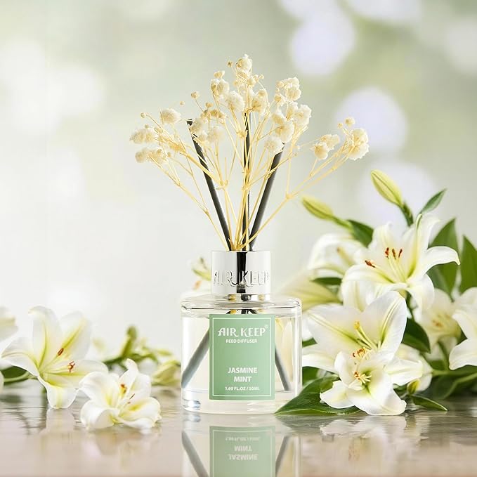 Airkeep Reed Diffuser Set,1.69 fl oz (50 ml) - Jasmine Mint Oil Diffusers with 8 Reed Sticks,Home Fragrance Reed Diffuser for Bathroom Shelf Decor - Bloomnest