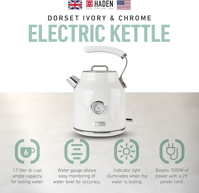 Haden Dorset 1.7 Liter Stainless Steel Electric Kettle, Hot Water Kettle with 360-Degree Base and Auto Shutoff, Ivory & Chrome - Bloomnest