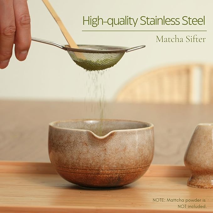 Matcha Whisk Set, Matcha Set, Handcrafted Bamboo Chasen & Ceramic Bowl Matcha Kit, 5 Pcs Matcha Set Whisk and Bowl with Stainless Steel Sifter, Bamboo Scoop & Holder for Matcha Tea Ceremony,Taupe - Bloomnest