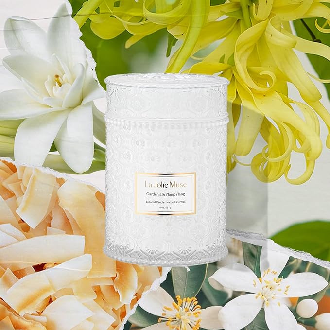 LA JOLIE MUSE Gardenia & Ylang Ylang Scented Candle – Ylang, Tuberose, Orange Blossom |19 oz Large Wooden Wick Candle | Natural Soy Wax | 90 Hours Clean Burn | Gift-Ready for Hosts - Bloomnest