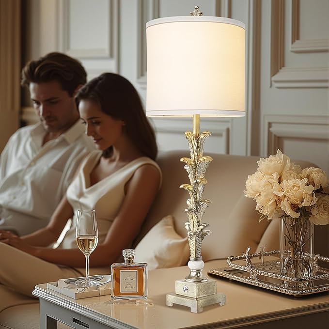 33'' Touch Control Table Lamp Set of 2, 3-Way Dimmable Buffet Lamps with USB A+C Ports and White Shade, Silver Leaf Finish Nightstand Lamps for Living Room Bedroom Office Study Dinning (Bulb Included) - Bloomnest