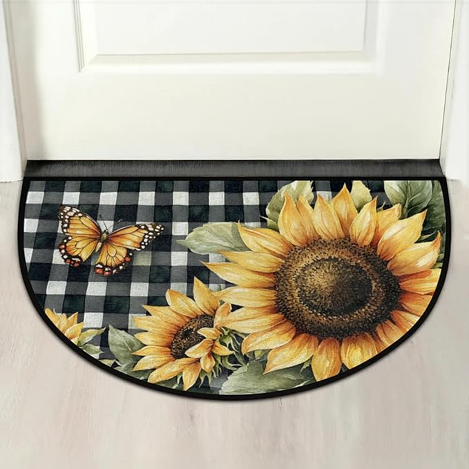 Half Round Door Mat, Butterfly Sunflowers Half Circle Rug for Home Decor Floor Indoor Outdoor Non-Slip Washable Floral Half Moon Rug Doormat 36X24 Inch - Bloomnest