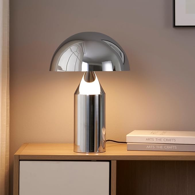 Brightech Venus 14" Globe Table Lamp – Modern Mid-Century Lamp with Golden Metal Shade – Nightstand, Bedside, Desk & Accent Table Lighting for Bedroom, Living Room & Office Décor - Chrome/Silver - Bloomnest