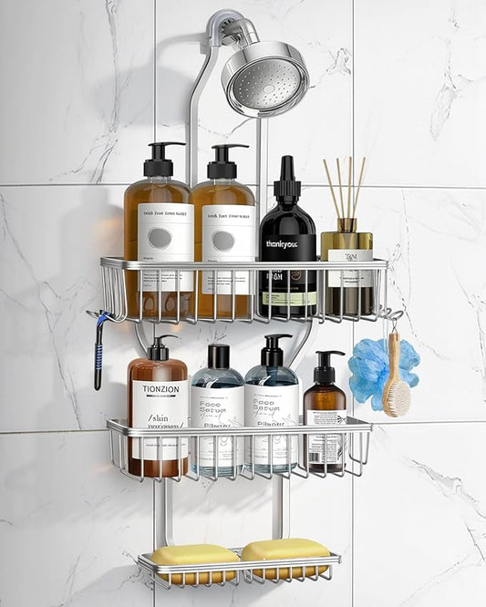Shower Caddy Hanging - Never Rust Shower Hanging Organizer - Aluminum Over the ShowerHead Caddy with Soap Basket and 6 Hooks for Razor/Sponge (Frosted Silver) - Bloomnest