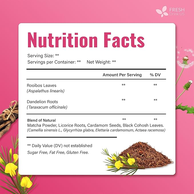 FreshDrinkUS, MenopauseSlim 40 Tea Bags – Herbal Blend with Rooibos, Dandelion Root, Matcha, Licorice, Cardamom & Black Cohosh – Smooth, Earthy Flavor – Premium Quality, Naturally Caffeine-Free Tea - Bloomnest