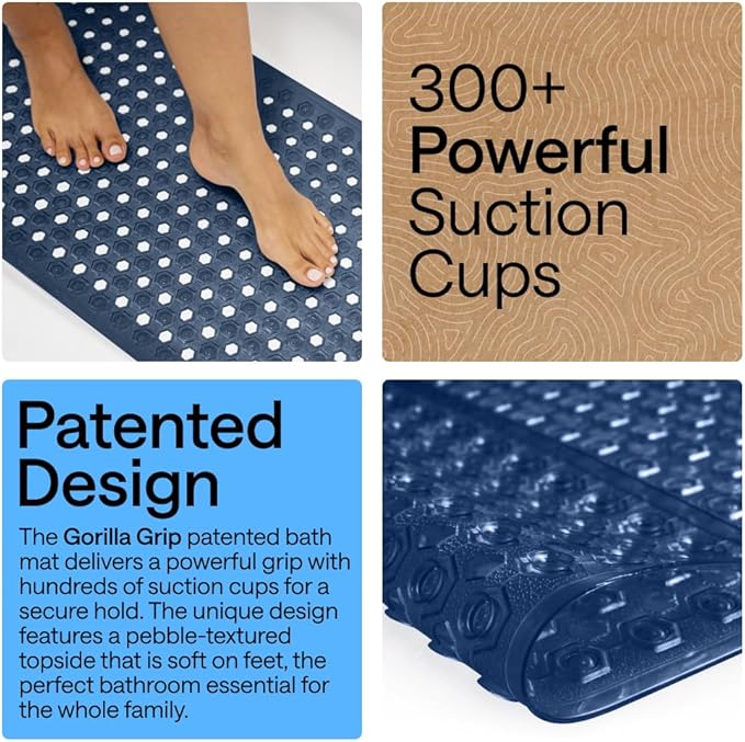 GORILLA GRIP Patented Bath Tub Shower Mat, Machine Washable Bathtub Floor Liner Mats, Suction Cups and Drain Holes to Keep Tubs Clean, Soft on Feet, Bathroom Essentials, 35x16 Inch, Clear Navy - Bloomnest