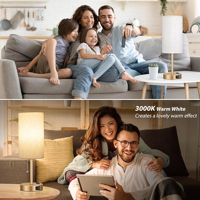 Dicoool Gold Bedside Table Lamp for Bedroom, 17Inch Tall Nightstand Lamp with USB C & A Ports & AC Outlet, 3 Color Temperatures Pull Chain Side Table Lamp for Living Room/Kitchen/Dorm/Office - Bloomnest