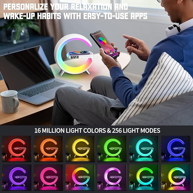 Smart LED Table Lamp, 4-in-1 Wireless Charger, Night Light, Alarm Clock, and Bluetooth Speaker with App Control for Bedroom, Office, and Home Decor (Black) - Bloomnest