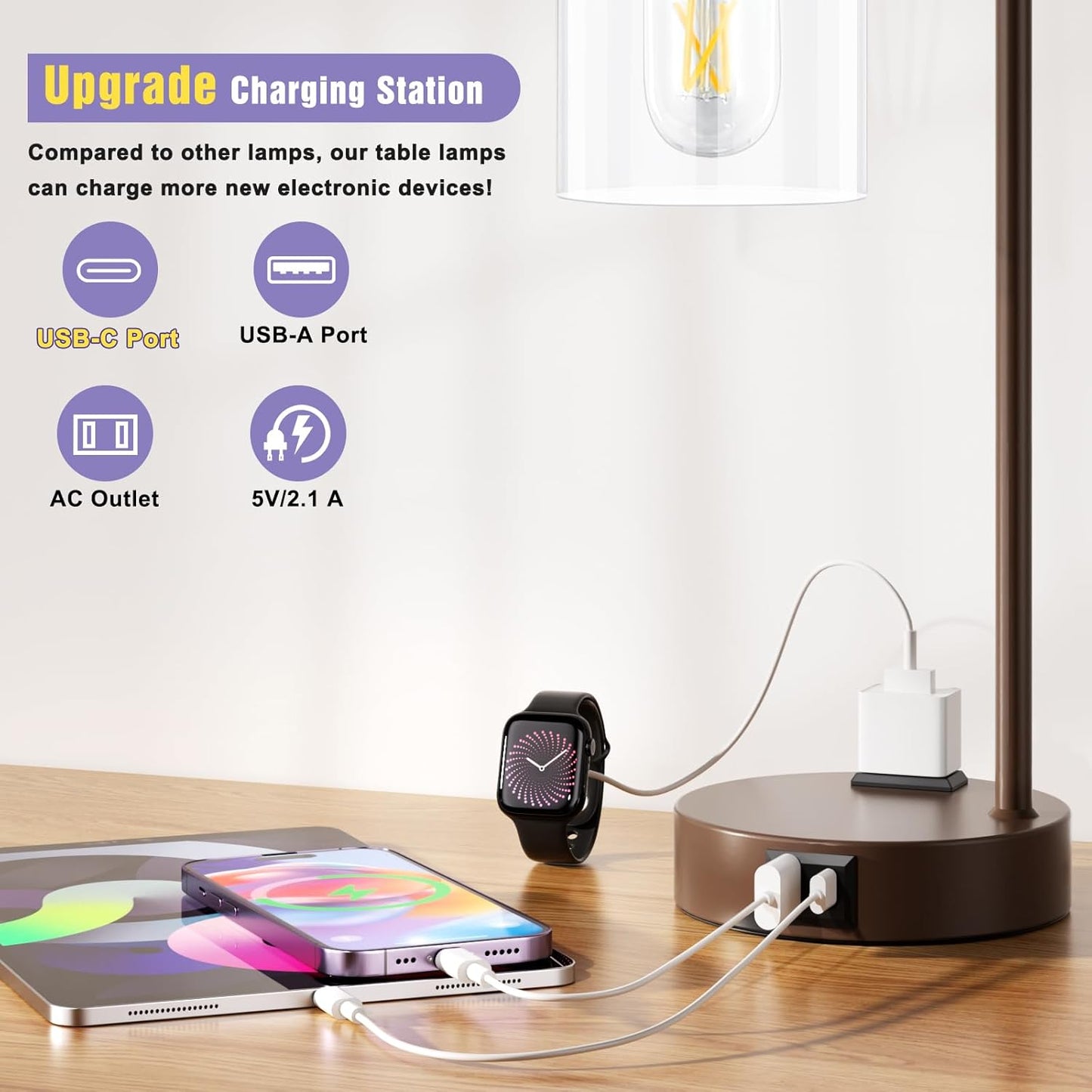 Innqoo Industrial Touch Table Lamps for Bedrooms Set of 2-3-Way Dimmable Lamps with USB C+A Ports and Outlet, Brown Bedside Lamps with Clear Glass Shade for Living Room, Desk Lamps for Home Office