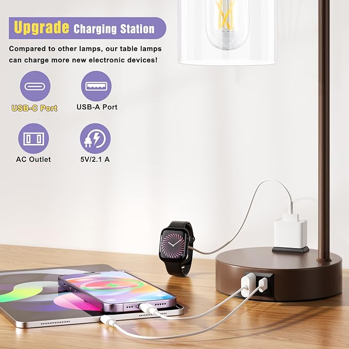 Innqoo Industrial Touch Table Lamps for Bedrooms Set of 2-3-Way Dimmable Lamps with USB C+A Ports and Outlet, Brown Bedside Lamps with Clear Glass Shade for Living Room, Desk Lamps for Home Office - Bloomnest