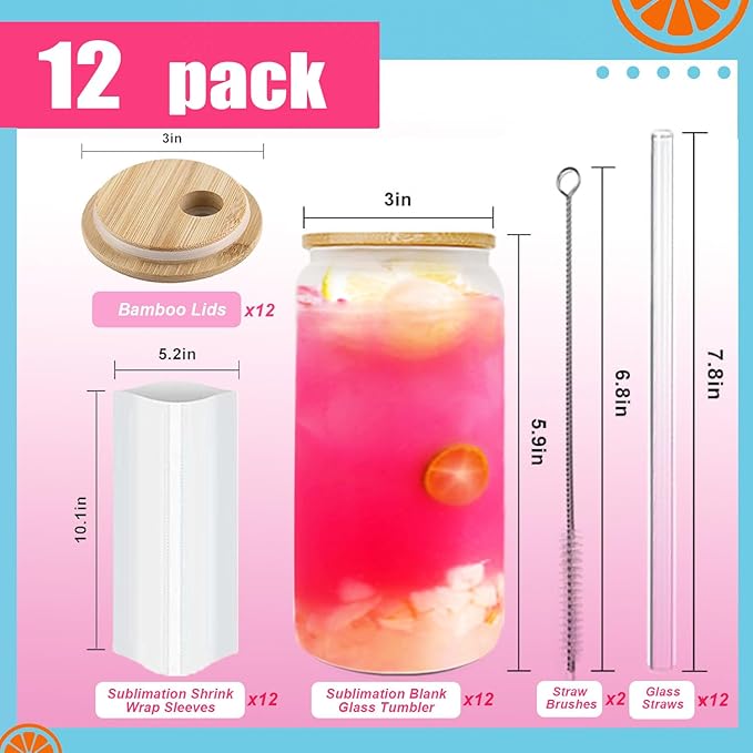 12 pack Sublimation Glass Cups, Frosted 16oz Blanks Beer Can Borosilicate Glasses Tumbler with Bamboo Lids and Straws for Beer, Juice, Soda, Iced Coffee - Bloomnest