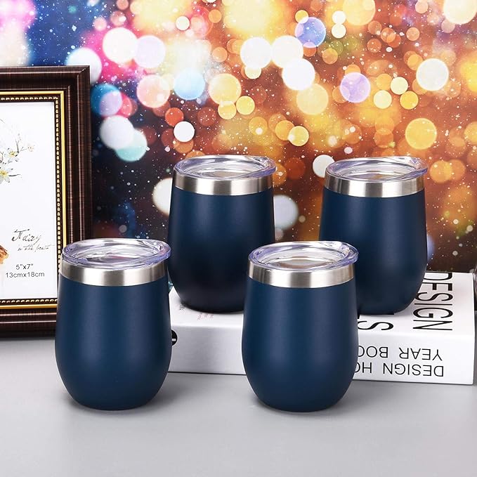 6 Pack Stainless Steel Wine Tumblers, 12Oz Insulated Wine Tumbler, Double Wall Insulated Wine Glass, Stainless Steel Stemless Wine Cups with Lids for Coffee, Wine, Cocktails, Champaign, Navy Blue - Bloomnest