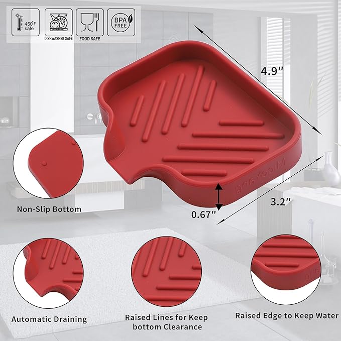 Silicone Bathroom Soap Dishes with Drain Spout-Bathroom and Kitchen Sink Organizer,Sponge Holder,Dish Soap Tray,Perfect for Dispenser,Scrubber,Bottle,Cup on Sink or Counter-Red 4.9"×3.2" - Bloomnest