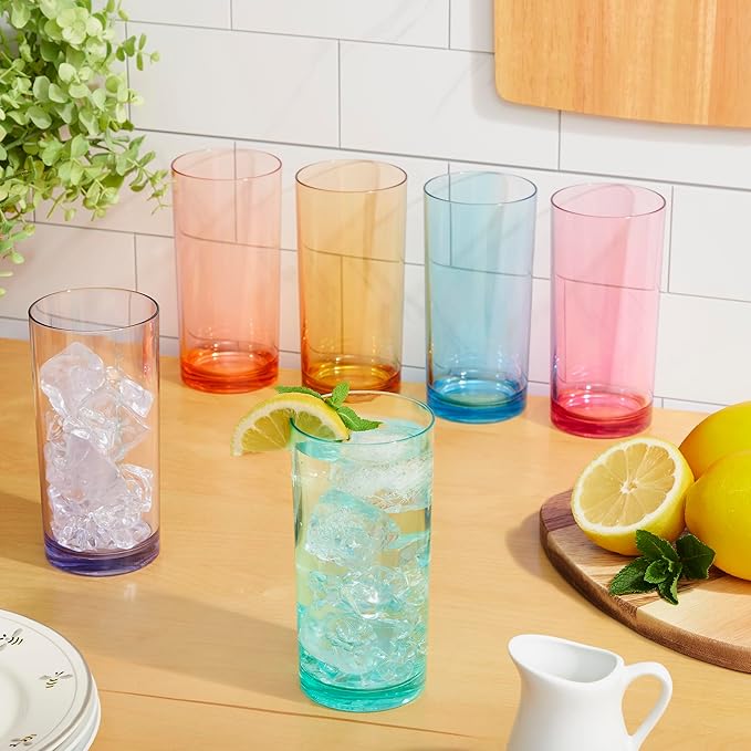 US Acrylic Classic Plastic Reusable Drinking Glasses (Set of 6) 16oz Water Cups Assorted Colors | BPA-Free Tumblers, Made in USA | Top-Rack Dishwasher Safe - Bloomnest