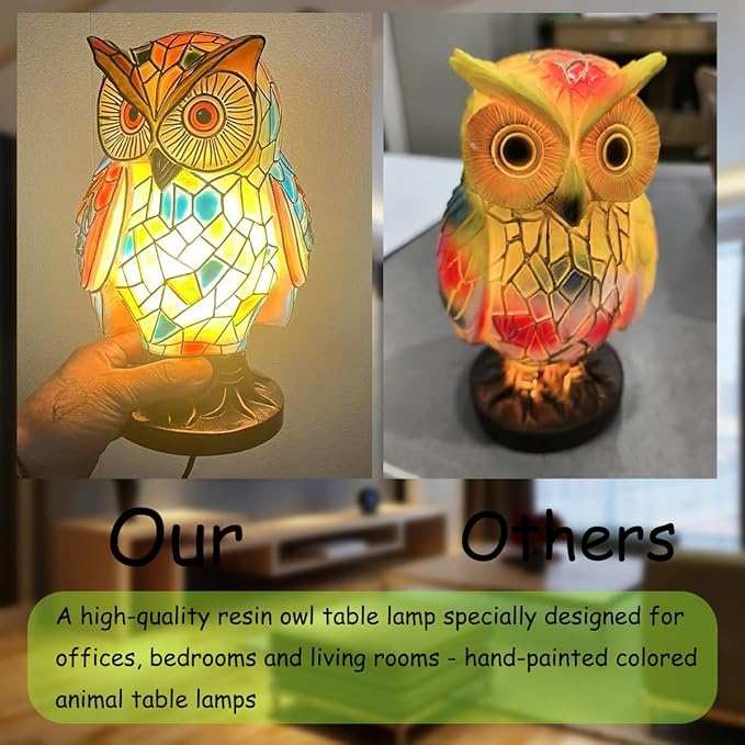 Tiffany Style Owl Table Lamps - Hand-Drawn Vintage Resin Colorful Tiffany Owl Lamp for Bedroom Living Room Nursery Office, Whimsical Animal Desk Lamp, Unique Gift for Mom. - Bloomnest