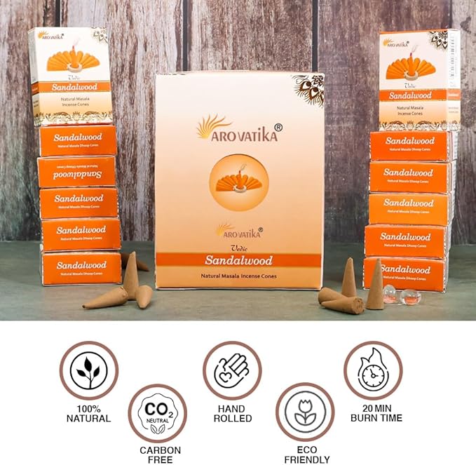 ARO VATIKA Vedic Sandalwood Natural Masala 120 Incense Cones in Pack of 12 Boxes |12 Assorted Fragrances Dhoop Cones | Best for Prayer, Reiki, Meditation and Relaxation | Burn time- 25 Mins AROVATIKA