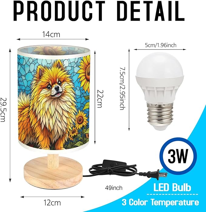 Pomeranian Table Lamp LED 3-Color Pressed Bedside, Dog Shade Lamp with Wood Base for Bedroom Living Room Desk Office - Bloomnest