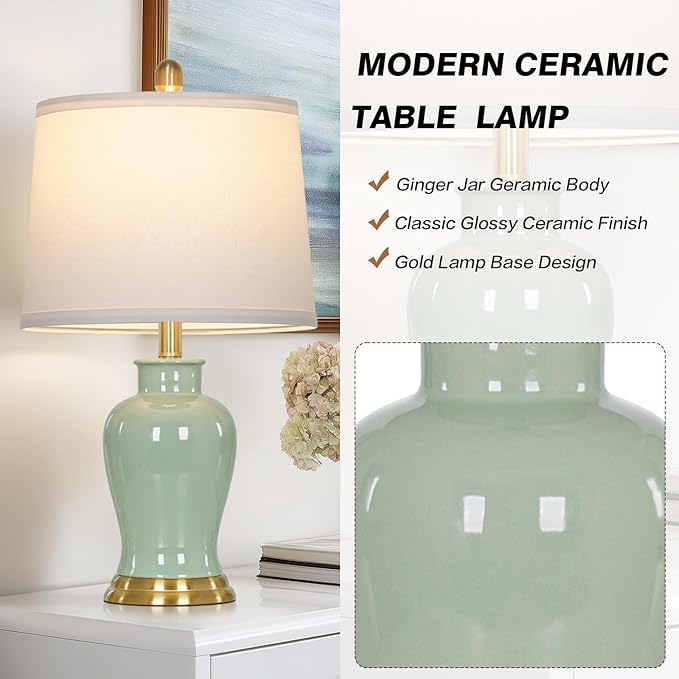 Green Ceramic Lamps Set of 2, 23" Modern Table Lamps for Living Room, Classic Bedside Lamp with Ginger Jar Design, Elegant Bedroom Lamp for Night Stand Desk Side End Table Home Decor - Bloomnest