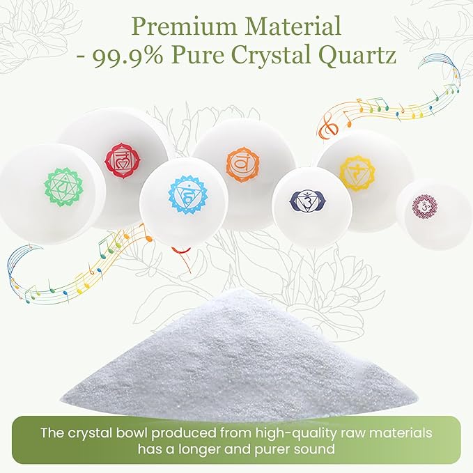432HZ 6-12 Inch 7 Pcs Chakra Design Frosted Crystal Singing Bowl Set for Meditation Healing Yoga Chakra Quartz Crystal Sound Bowls with Heavy Duty Carry Cases and Rubber Mallet,Suede Striker,O-rings - Bloomnest