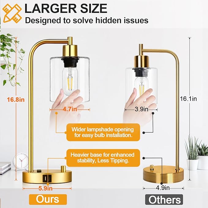 Set of 2 Industrial Table Lamps with USB Port, Gold Fully Stepless Dimmable Bedside Lamps for bedrooms, Nightstand Desk Lamp with Clear Glass Shade for Reading Living Room Office 2 LED Bulb - Bloomnest