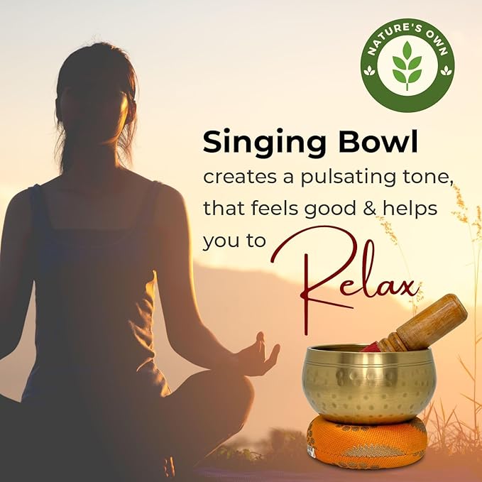 Nature's Own Tibetan Singing Bowl Set Easy to Play Meditation Sound Bowl Handcrafted in Nepal for Yoga, Mindfulness, Chakra Healing, Stress Relief Spiritual Gifts for Women & Men (5.5 Inch, Hammered) - Bloomnest