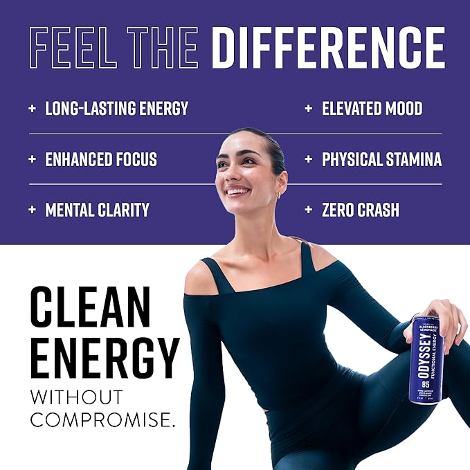 Odyssey Functional Energy Drink for Focus, Cognition & Mood Support 12 Pack - Adaptogenic Drink with 85mg Green Tea Caffeine, Lions Mane, Cordyceps, L-Theanine & Ginseng, Sparkling Blackberry Lemonade - Bloomnest