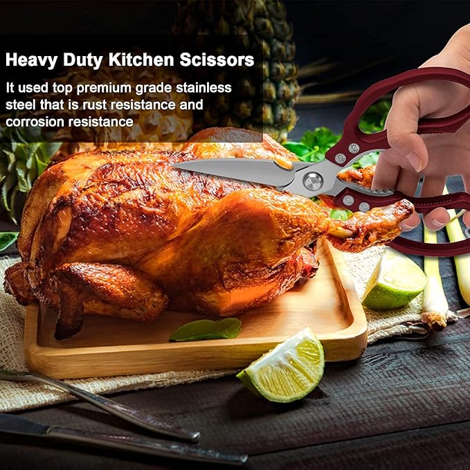 AWinjoy Heavy Duty Sharp Kitchen Scissors, Dishwasher Safe, Cooking Shears for Meat, Chicken, Fish, Poultry, Herb, Bread (Red) - Bloomnest