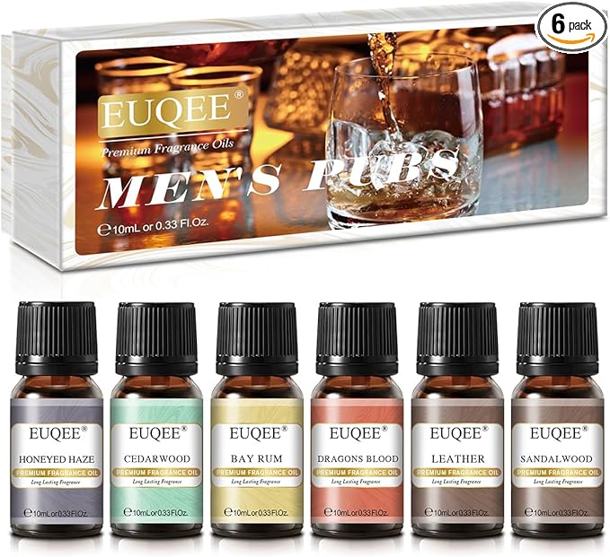 EUQEE 6PCS Fragrance Oils for Men, Men's Pubs Gift Set Premium Fragrance Oils -10ml-Leather, Honeyed Haze, Dragons Blood, Sandalwood, Bay Rum, Cedarwood (Men's Pubs) EUQEE