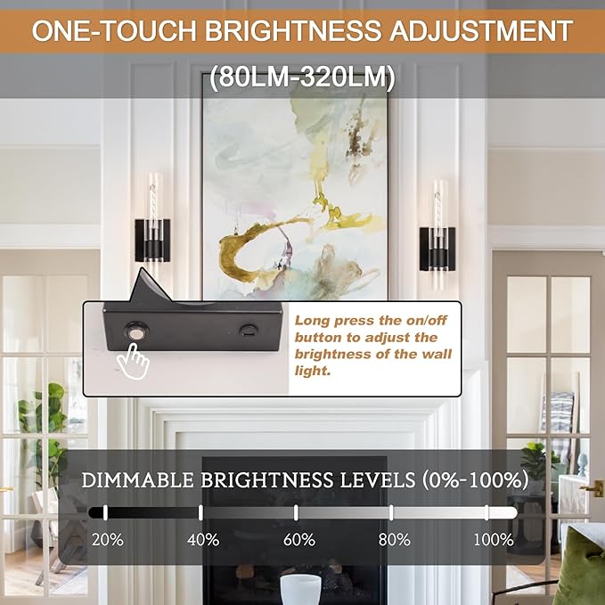 BELS Battery Operated Wall Sconces Set of Two, 13 Inch Black Wireless Wall Light with Clear Glass, Dimmable, 4000K, Remote Control, Rechargeable Wall Sconce for Bedroom, Living Room, Hallway - Bloomnest