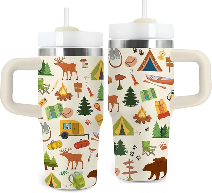Camping Tumbler 14oz With Handle, Travel Coffee Mug Tumbler For Campers Lovers, Stainless Steel Tumblers, Resents For Him Or Her, Christmas, Birthday - Bloomnest