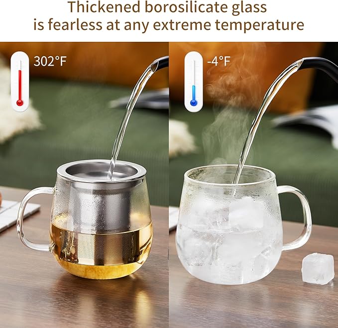 Glass Tea Cup with Infuser and Lid, 14.5oz/450ml Large Borosilicate Glass Teacup with Stailess Steel Filter, Clear Mug for Loose Leaf Blooming Tea, Dishwasher Safe - Tea Maker Gift - Bloomnest