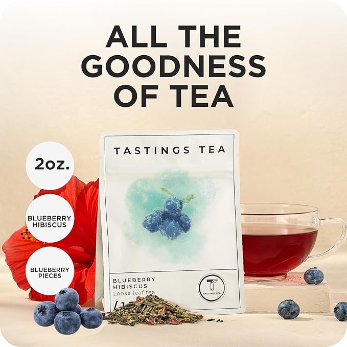 Tastings Tea Blueberry Hibiscus Loose Leaf Pouch 2.75 oz | Chinese Green Tea & Licorice Root with Elderberry, Spearmint & Natural Flavors | Light Caffeine | Tart & Fruity | Sustainably Sourced - Bloomnest