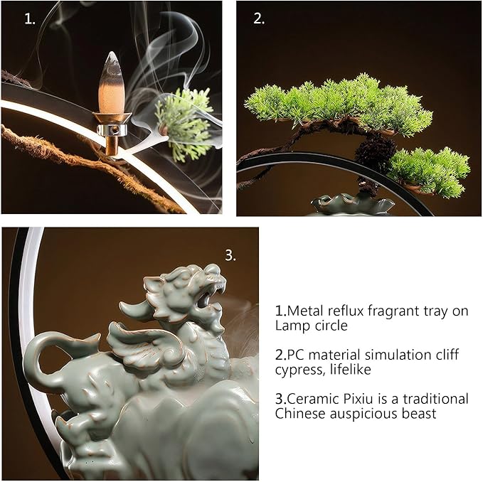 Waterfall Fountain Indoor with Mist, Tabletop Water Fountain,Desk Chinese Ceramic Pixiu Statue with LED Light Ring and Backflow Incense Burner Holder - Bloomnest