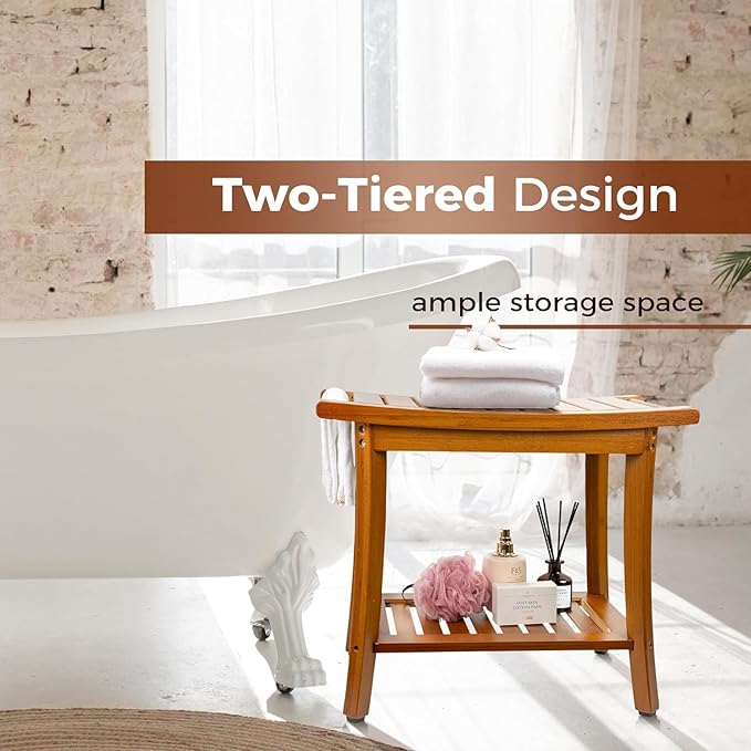 Utoplike Bamboo Shower Bench with Storage, Wood Shower Stool with Handles, Bathroom Seat for Towels, Spa, Inside Shower, Brown Finish - Bloomnest