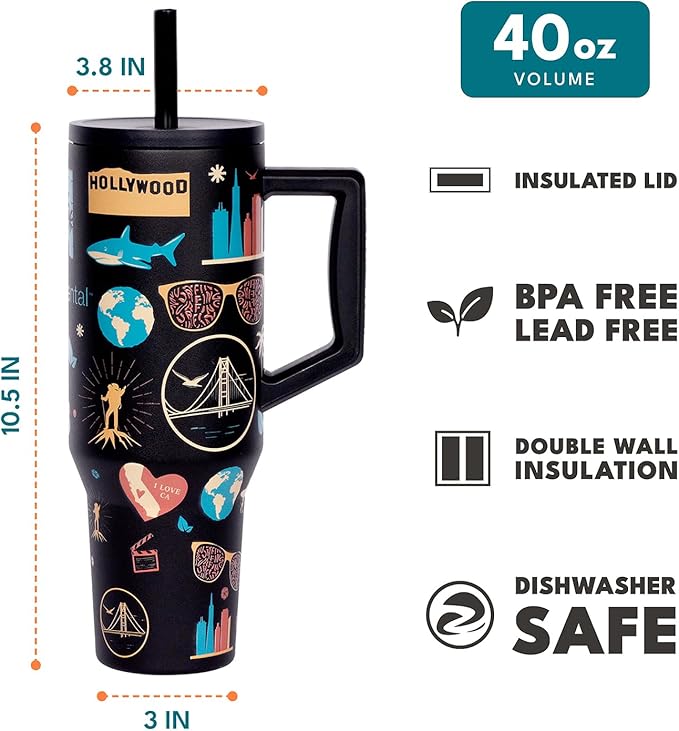 Elemental 40 oz Tumbler with Handle and Straw - Spill Proof Insulated Stainless Steel Commuter for Hot and Cold Beverages - Travel Coffee Mug with 2 Straws & Spill Proof Lid - 40oz-California Dreaming - Bloomnest