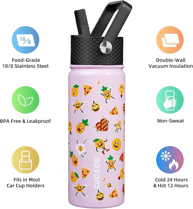 BJPKPK Insulated Water Bottle with Straw Lid, 18 oz Stainless Steel Metal Water Bottles, Reusable Leak Proof BPA Free Water Bottles, Cups, Thermo, Hawaii Fruits-Purple - Bloomnest