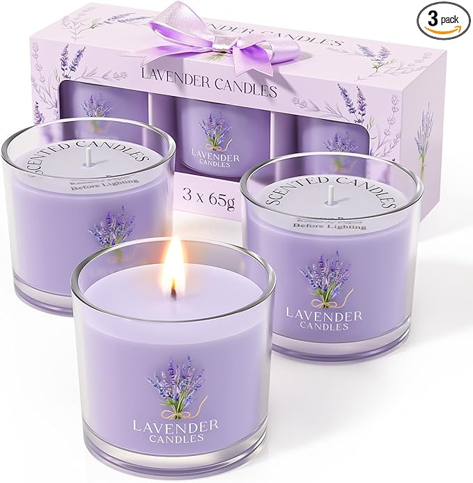 Lavender Candle, Scented Candles Gift Set for Stress Relief, 3 Votive Candles for Women and Men, Birthday Candle Gifts for Women, Christmas Candles for Women (Purple, 7 oz) - Bloomnest