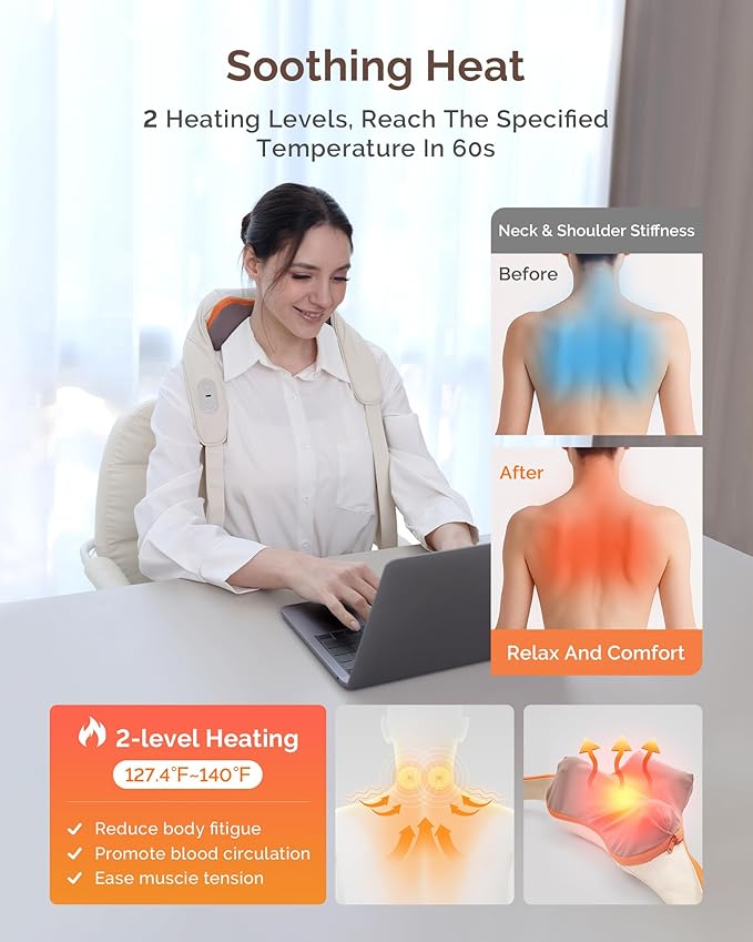 AIRSEE Shiatsu Neck Shoulder Massager with Heat, 200+ Min Battery, Cordless Neck Massager for Pain Relief Deep Tissue, Upgraded 4D Kneading Massage Pillow, 3 Modes 2 Heating Levels, for Women Men - Bloomnest