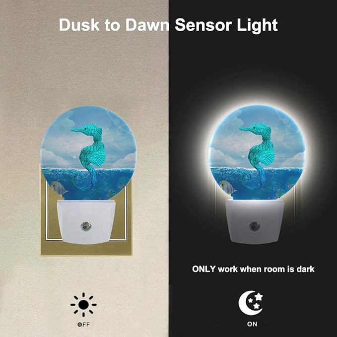 EKOBLA Seahorse Night Light - Watercolor Ocean Plug-in Nightlights with Auto Sensor, Dusk to Dawn Blue LED Lighting for Bedroom, Bathroom & Nursery (Marine Wildlife Theme) - Bloomnest
