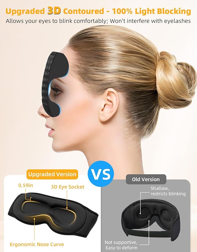 3D Contoured Sleep Mask with Bluetooth Headphones, Adjustable Blackout Sleeping Mask, Easy Installation Sleeping Headphones with Ultra-Thin Stereo Speakers for Men, Women - Black - Bloomnest