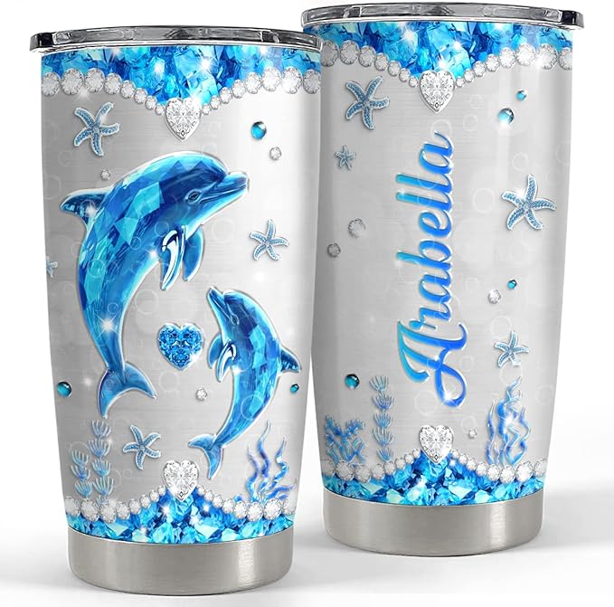 SANDJEST Personalized Dolphin Tumbler Jewelry Drawing Style Stainless Steel 20oz 30oz Insulated Cup Coffee Travel Mug Dolphins Tumblers Christmas Birthday For Women Girl Friend Cups Gift - Bloomnest