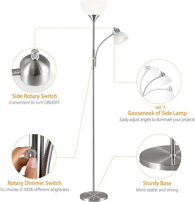 Floor Lamp, Dimmable Standing lamp, Stepless Dimming Brightness, Included 9W and 5W LED Bulbs, Industrial Floor Lamp for Living Room, Bedroom, Office, Reading - Bloomnest