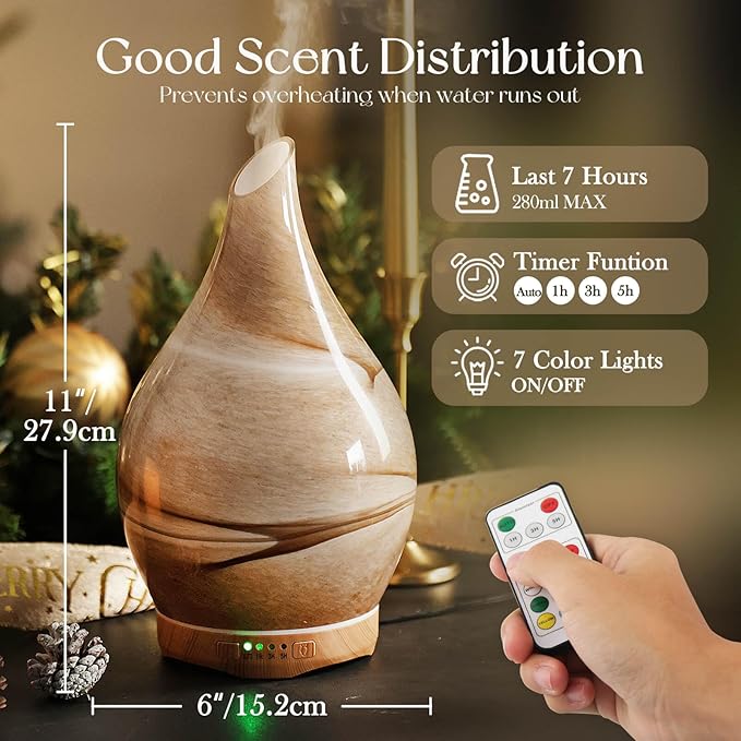 Porseme 280ml Essential Oil Diffuser Glass Color Changing Aroma Air Diffusers Aromatherapy Ultrasonic Cool Mist Humidifier with Remote Control 7 Running Hours Waterless Auto-Off (Desert) - Bloomnest