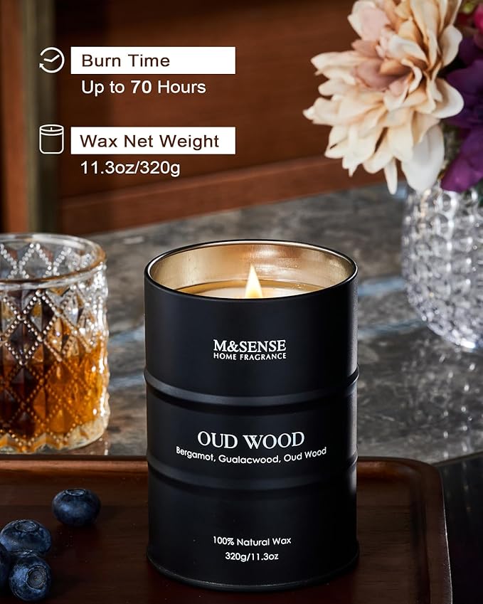M&SENSE Oud Wood Scented Candles Natural Soy Wax, 11.3oz Long Lasting Up to 70 Hours Burning Time, Unique Candle Gifts for Men Women - Bloomnest
