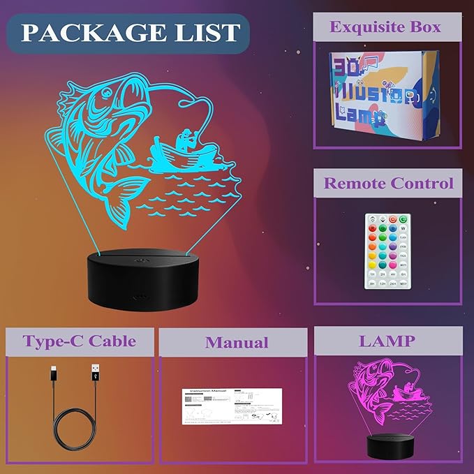 Fishing Night Light, Fishing Gifts, 3D Illusion Lamp with Remote Control, 16 RGB Colors, 4 Flashing Modes, Timer, Dimmable, Men Boy Room Decoration for Father's Day Holiday Birthday Christmas - Bloomnest