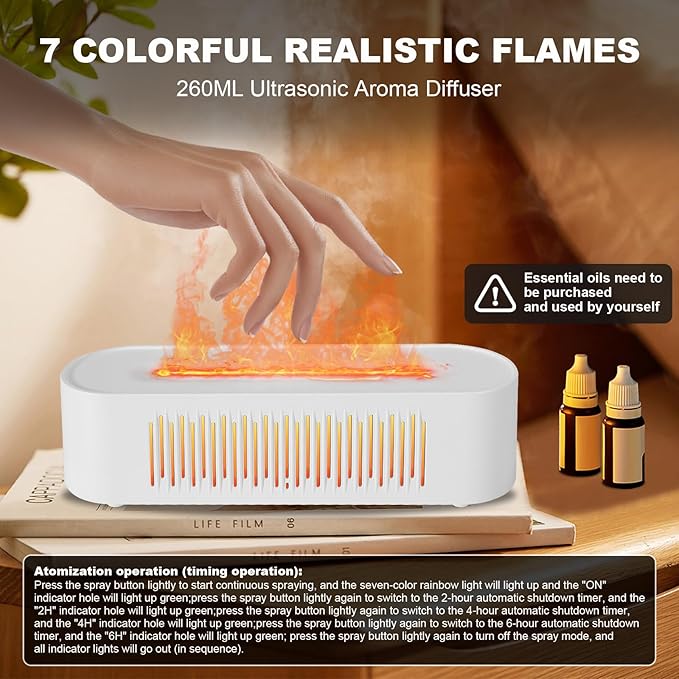 Volcano Humidifier Flame Fire Diffuser: 260ml Super Quiet Essential Oil Diffuser 7 Colors Changed Flame Light Spray Aromatherapy Humidifier 2/4/6H Timer Auto Shut Off for Bedroom,Gift (White) MINGPINHUIUSFeatured