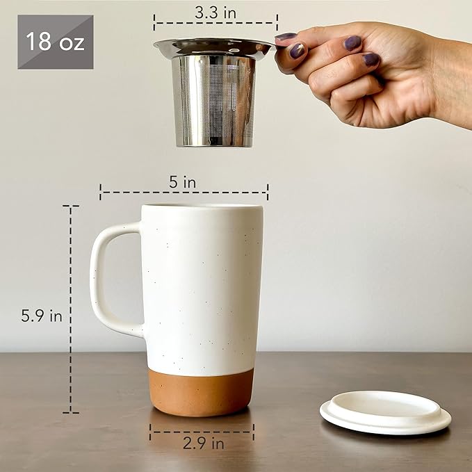 Mora Ceramics Large Tea Mug with Loose Leaf Infuser and Ceramic Lid, 18 oz, Portable, Microwave and Dishwasher Safe, Tall Coffee Cup - Rustic Matte Ceramic Glaze, Modern Herbal Tea Strainer, Cotton - Bloomnest