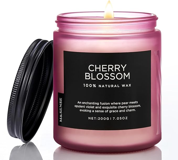 M&SENSE Cherry Blossom Scented Spring Candle, Best Smelling Stress Relief Aromatherapy Candle, 50 Hours 7.05oz Natural Soy Wax Romantic Candle Gifts for Women & Home Decor - Bloomnest