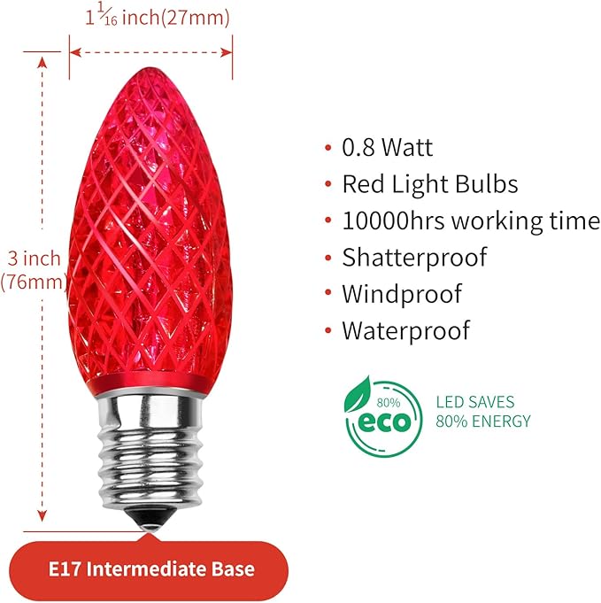 Meconard C9 Led Replacement Christmas Light Bulbs, C9 Shatterproof Led Bulbs for Christmas Indoor Outdoor String Lights, E17 Intermediate Base, Commercial Grade Holiday Bulbs, Red, 25Pack - Bloomnest